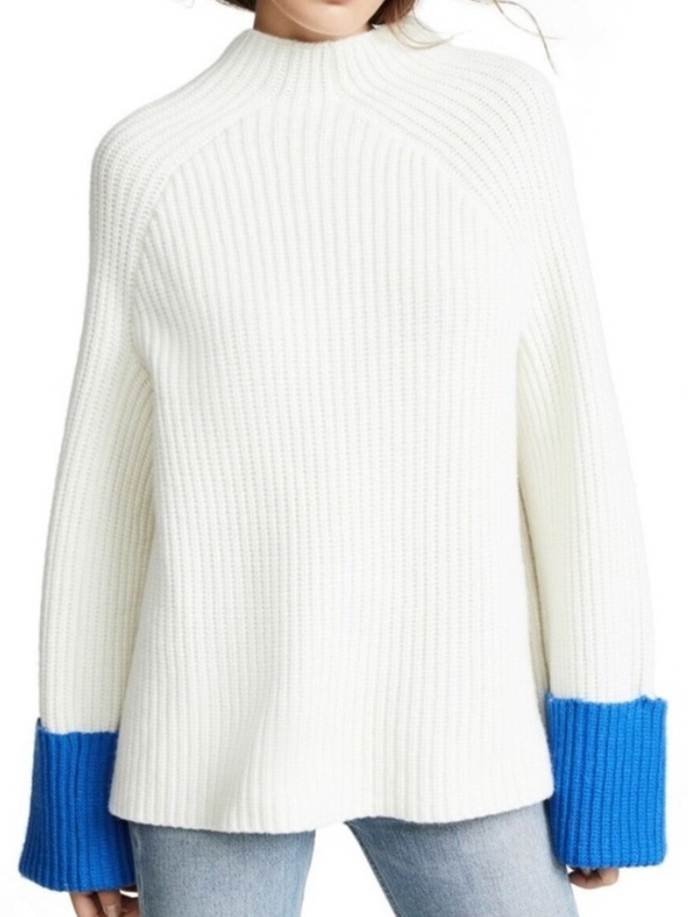 Tory Burch Sport Cream & Blue Contrast Cuff Knit Merino Sweater